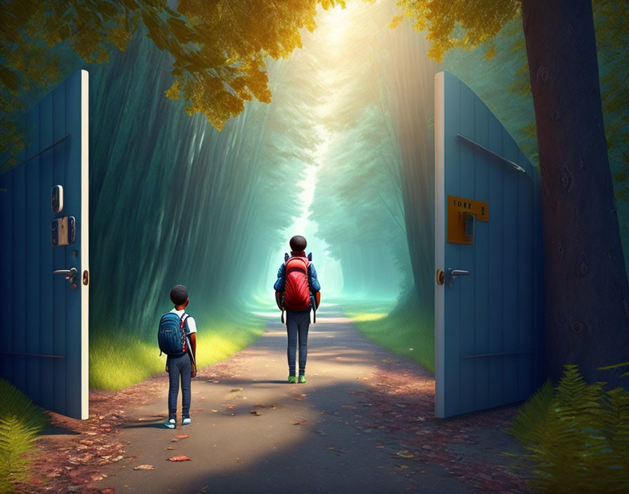 Children with backpacks entering sunlit forest pathway symbolizing discovery.