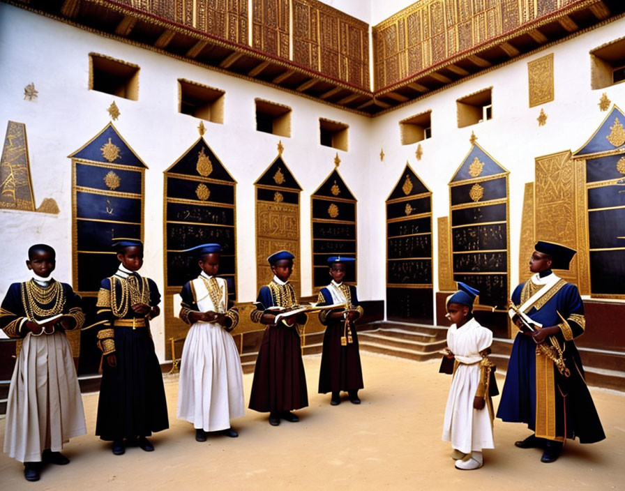 Traditional attired group in ornate ceremonial guard standing in courtyard with intricate wall designs