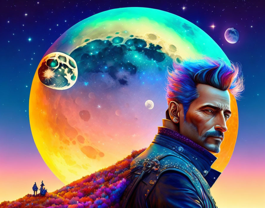 Vibrant digital artwork: man with beard in cosmic scene