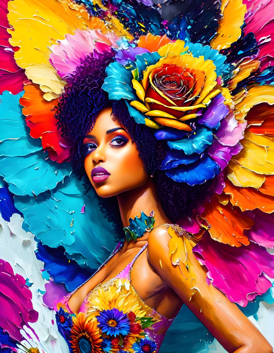 Colorful portrait of woman with floral headdress and dynamic textures