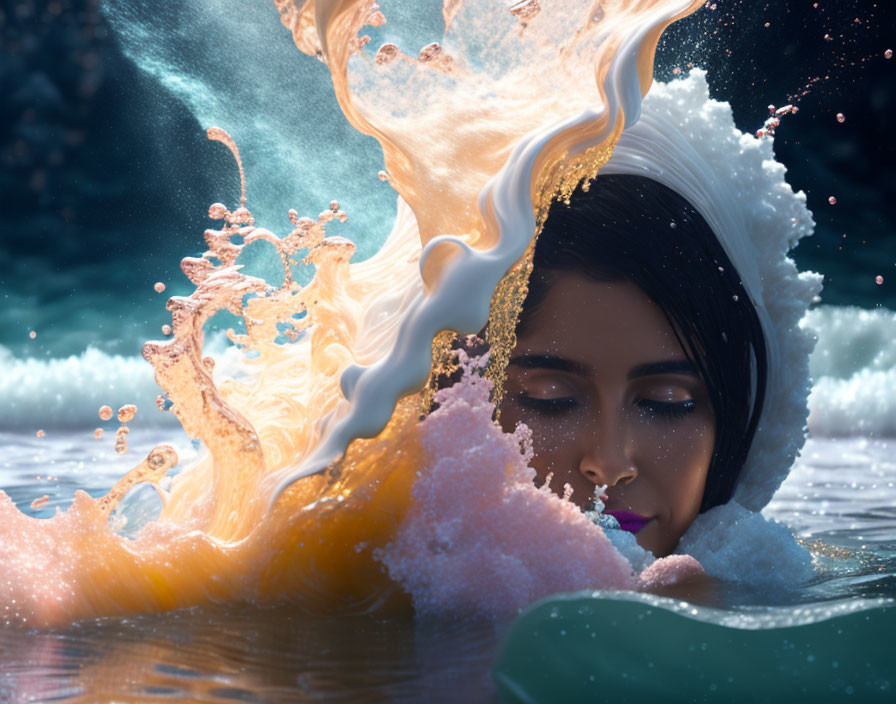 Surreal underwater image of woman with flame-like splash in dark ambiance