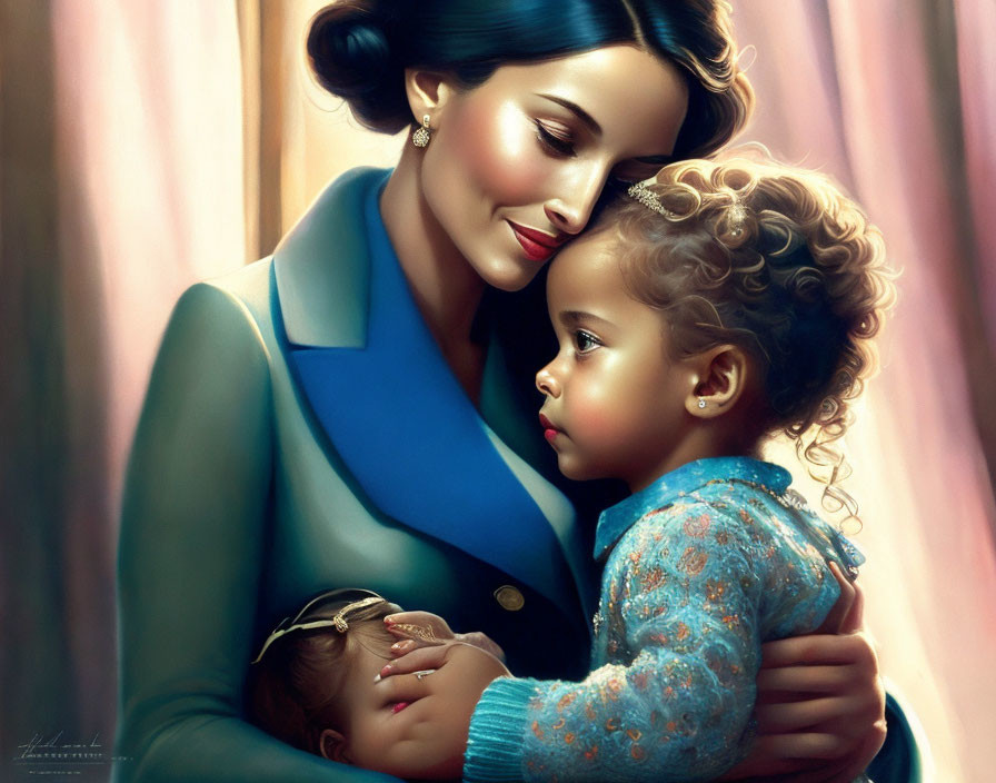 Digital painting of woman in blue coat embracing child with curly hair