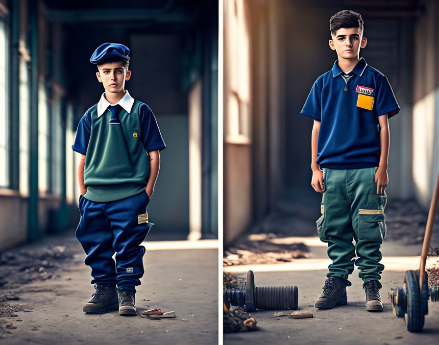 Confident young boy in blue and green uniform in industrial setting with skateboard.