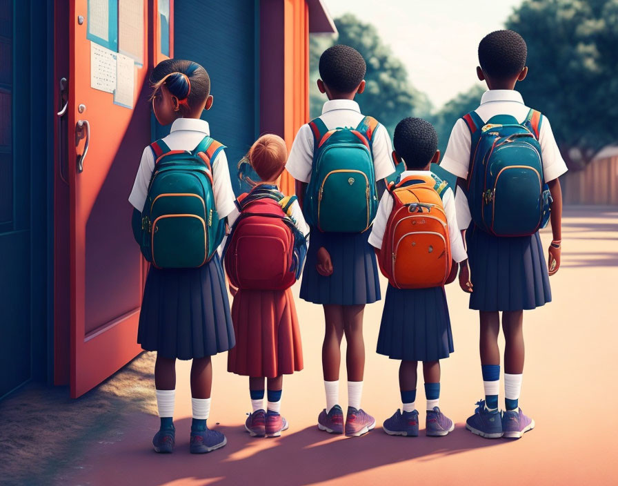 Group of students in uniforms with backpacks at school notice board