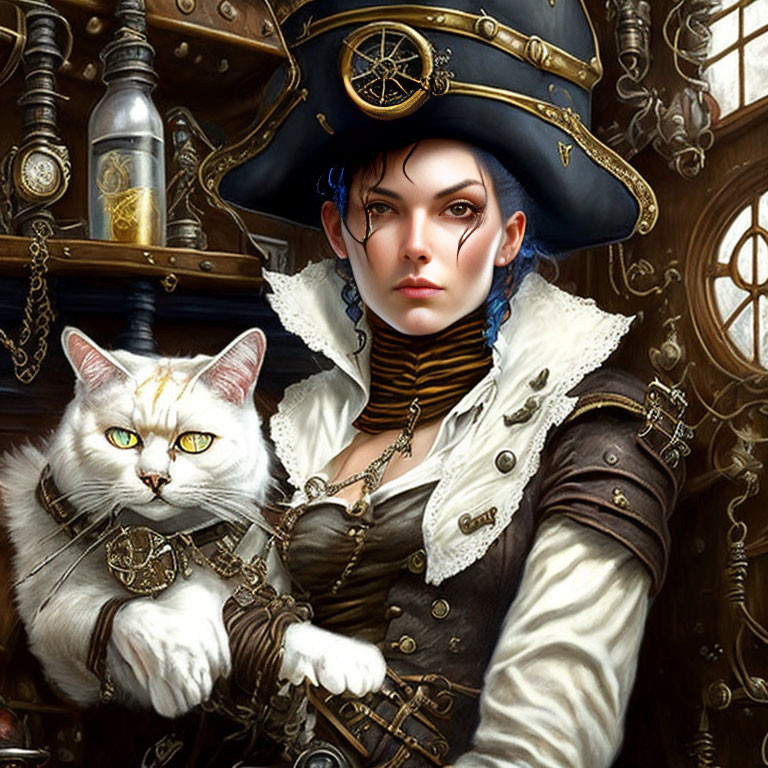 Digital artwork: Woman and white cat in pirate costumes