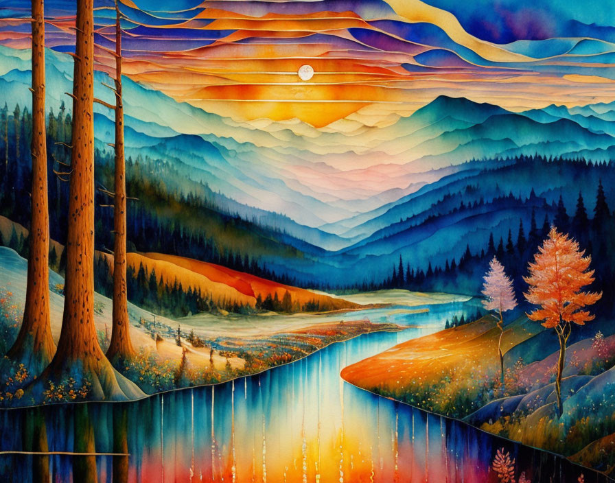 Serene landscape watercolor painting: layered mountains, river, gentle sunset or sunrise sky