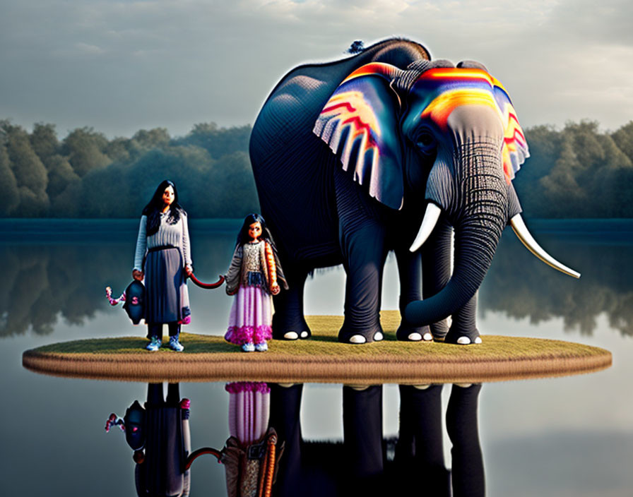 Surreal image: Two people with elephant on floating carpet above water