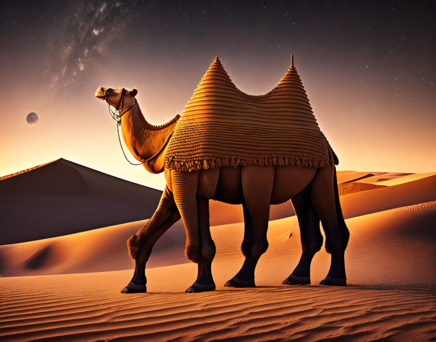 Camel with draped cover in desert under starry sky with crescent moon