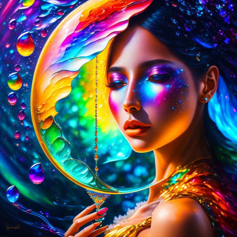 Colorful digital artwork of woman with cosmic skin holding feather surrounded by bubbles