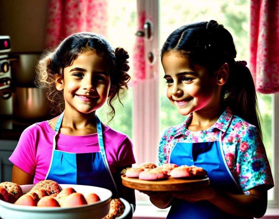 Two young girls in aprons with cookies and apples in kitchen