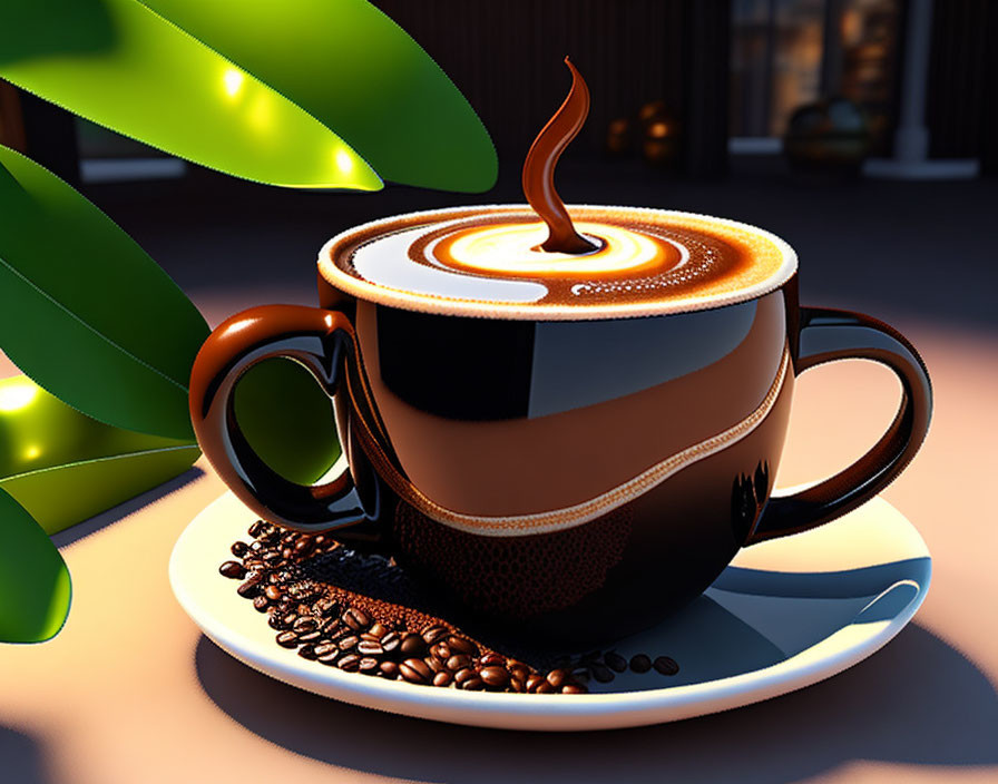 Steaming cup of coffee with creamy design, beans on saucer, dimly lit background