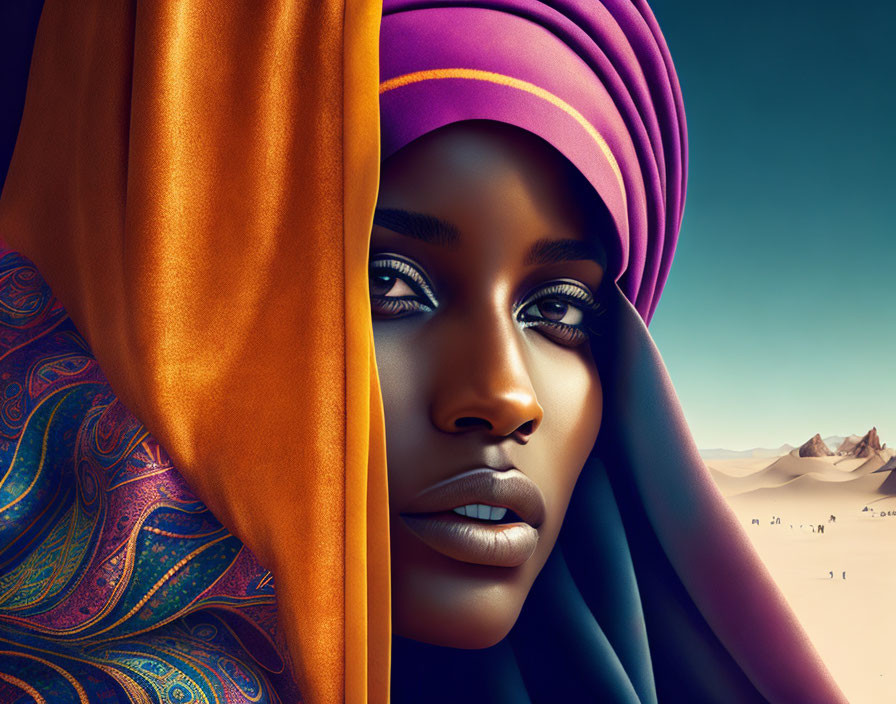 Colorful Headscarves Woman Illustration in Desert Landscape