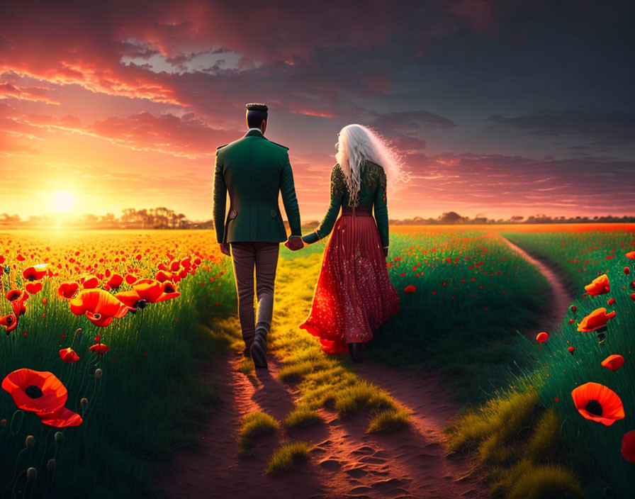 Couple walking through vibrant poppy field at sunset