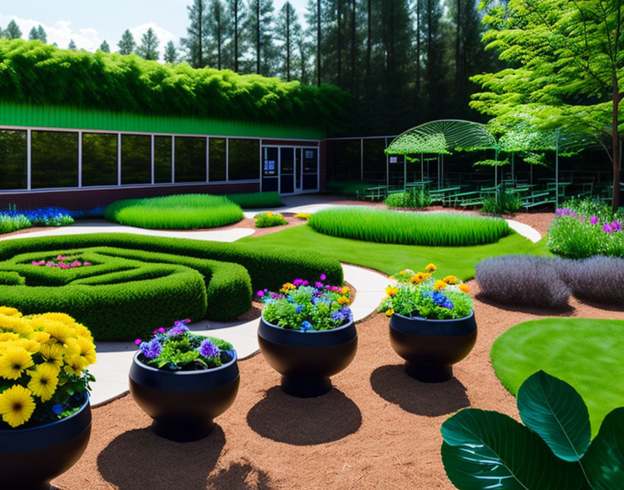 Symmetrical hedges, colorful flowers, lush trees, modern building in manicured garden