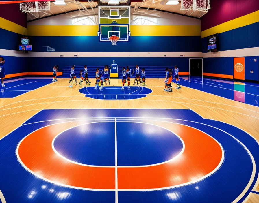 Indoor Basketball Court with Blue Uniform Players and Colorful Floor