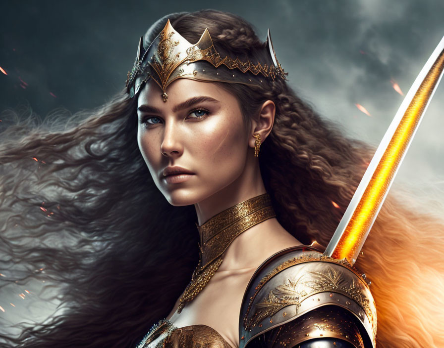 Majestic warrior woman with glowing sword and golden armor in stormy sky.