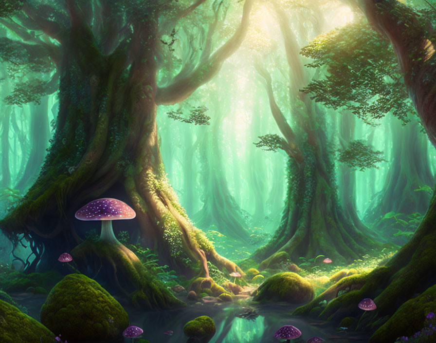 Majestic forest scene: towering trees, sunlight, mist, purple mushrooms near stream