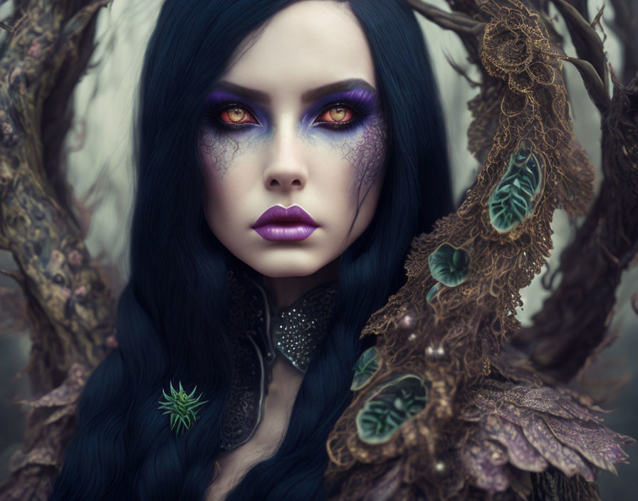 Dark-haired woman with purple makeup in nature-inspired setting