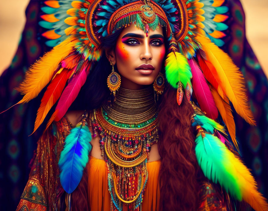 Colorful Feather Headdress and Bead Necklaces on Majestic Woman