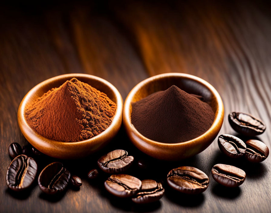 Wooden Bowls with Coffee and Cocoa Powder on Dark Surface