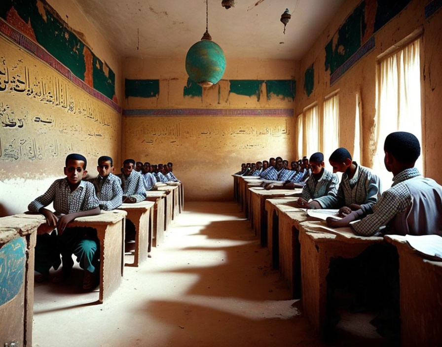 Sunlit Classroom with Students in Uniforms and Arabic Writing