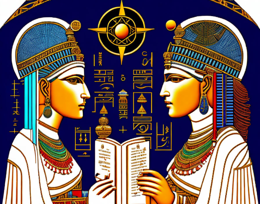 Stylized ancient Egyptian figures with headdresses and jewelry on blue background