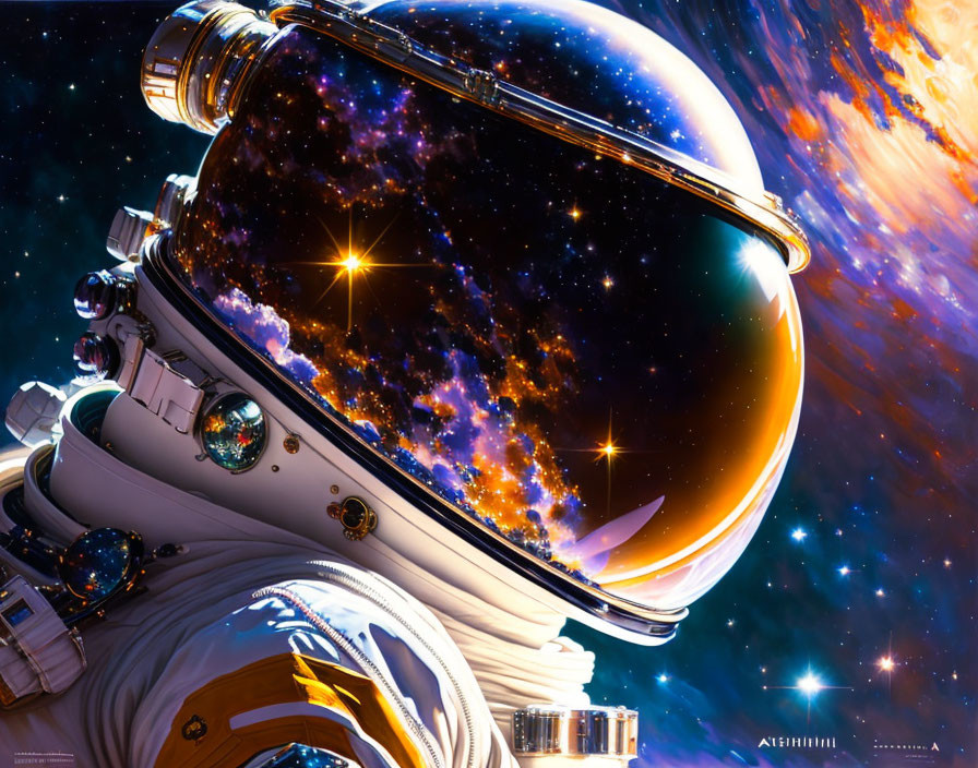 Astronaut with Reflective Visor in Cosmic Scene