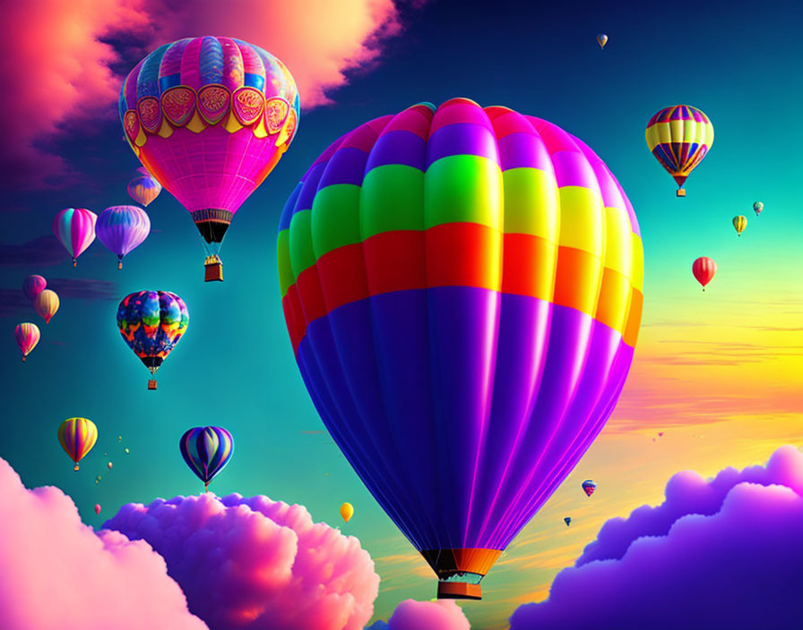 Vibrant hot air balloons in colorful sunset sky