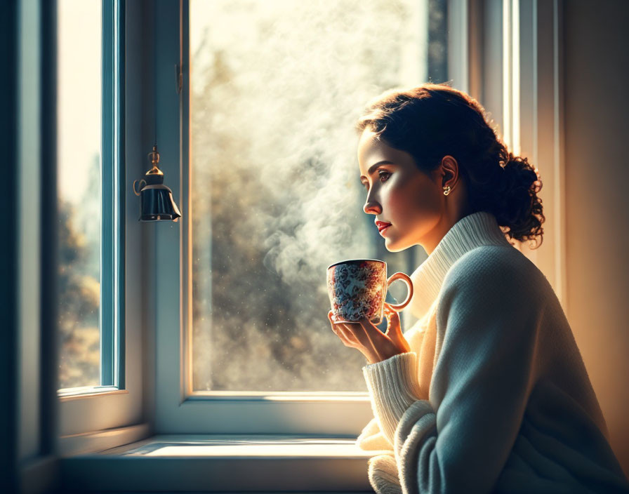 Woman in white sweater holding cup gazes out window in sunlight