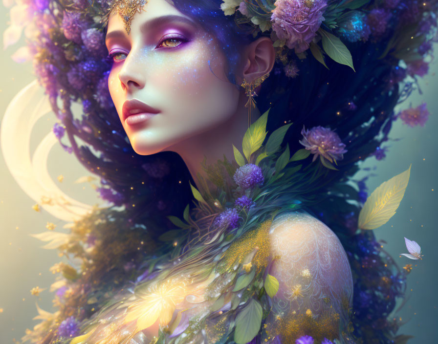 Fantasy portrait of a woman with floral adornments and stardust glow in celestial setting