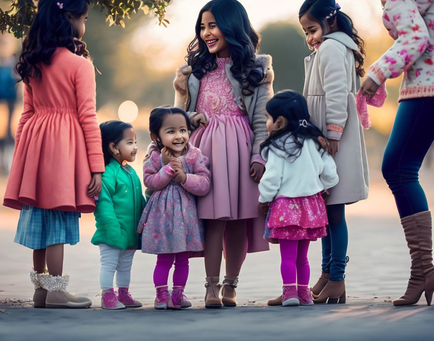 Smiling young girls in colorful dresses with woman at sunny outdoor gathering