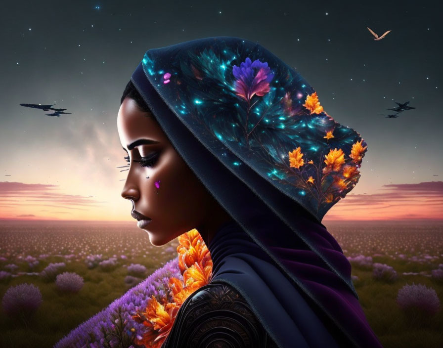 Colorful headscarf woman in field under twilight sky with birds