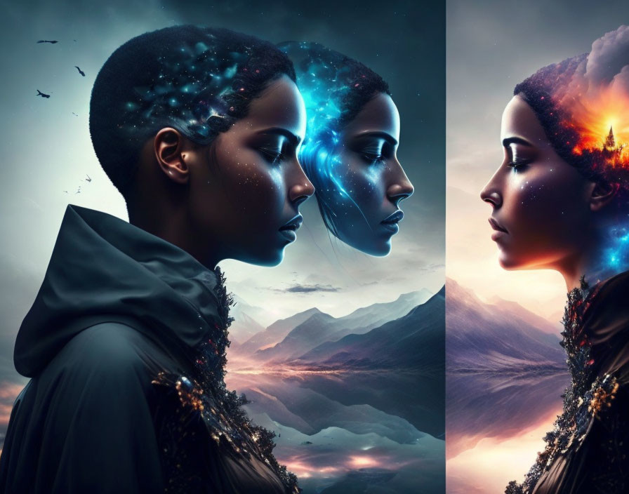 Mirrored female profiles with cosmic and fiery landscapes against mountain backdrop