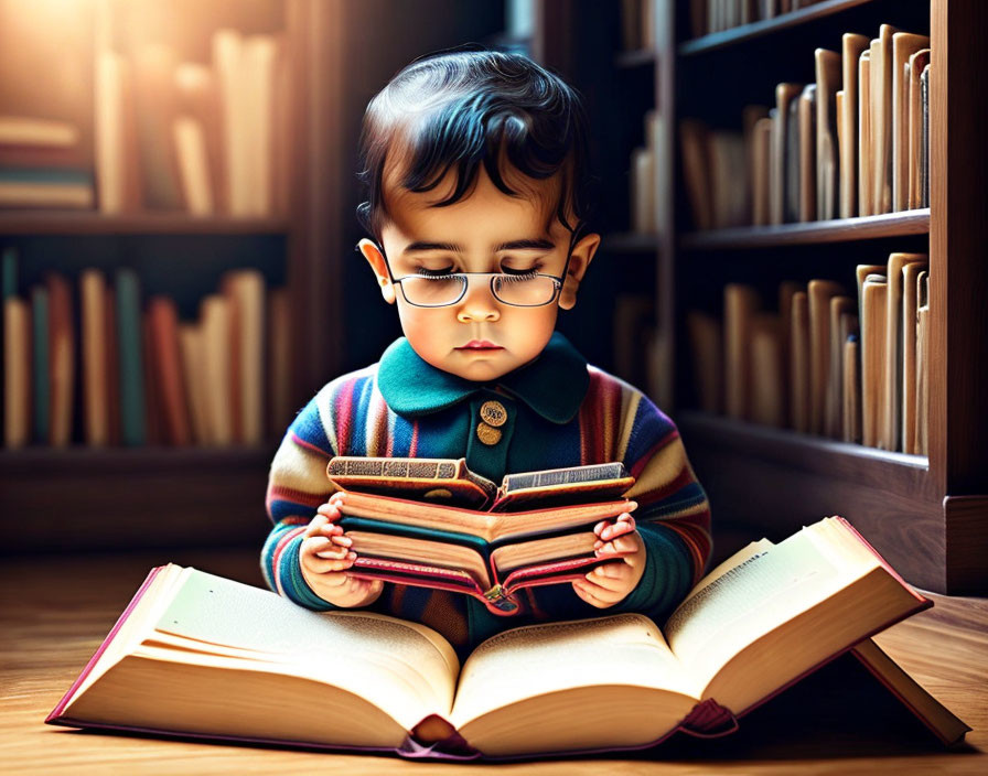 Child with glasses reading books in library with sunlight.