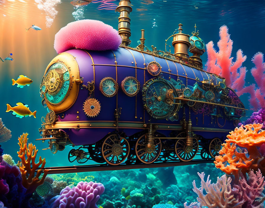 Colorful Coral Reefs and Submarine in Underwater Fantasy