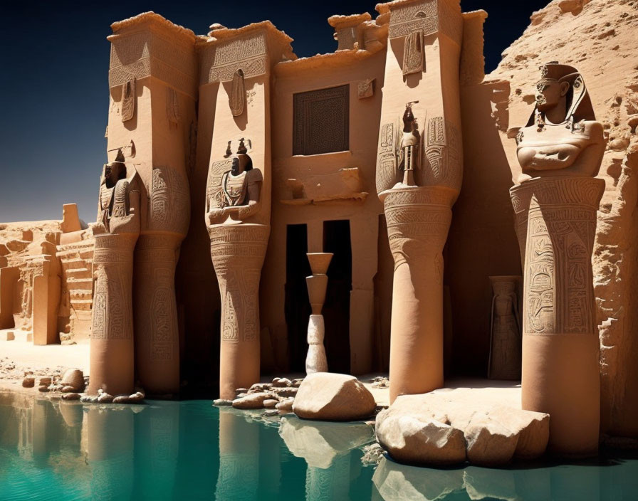 Ancient Egyptian-style statues and structures near blue water pool