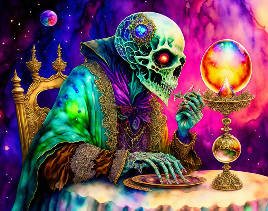 Colorful skeletal figure in ornate robes with cosmic background and mystical artifacts