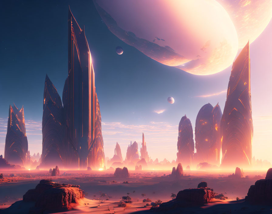 Alien structures in vast desert with massive planets in pink sky