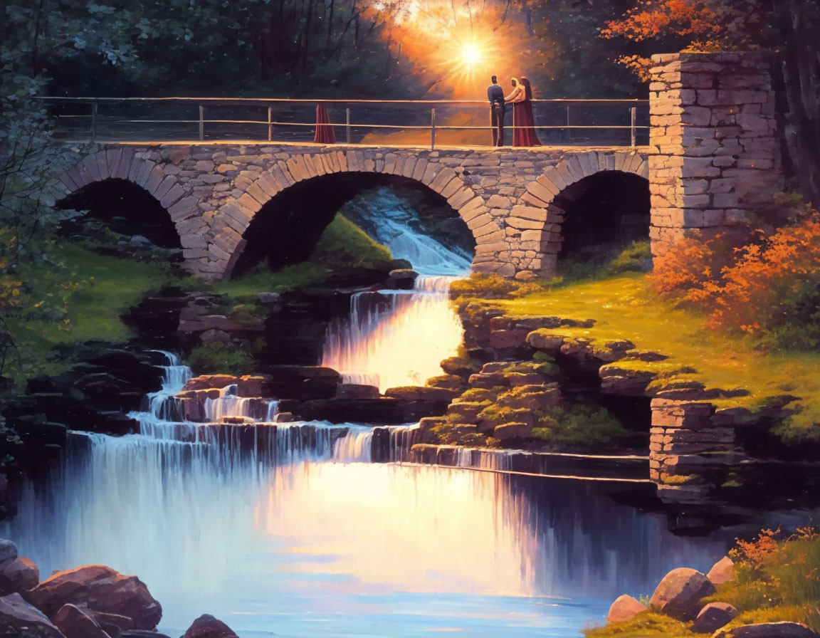 Ancient bridge scene with two people and waterfall at sunset