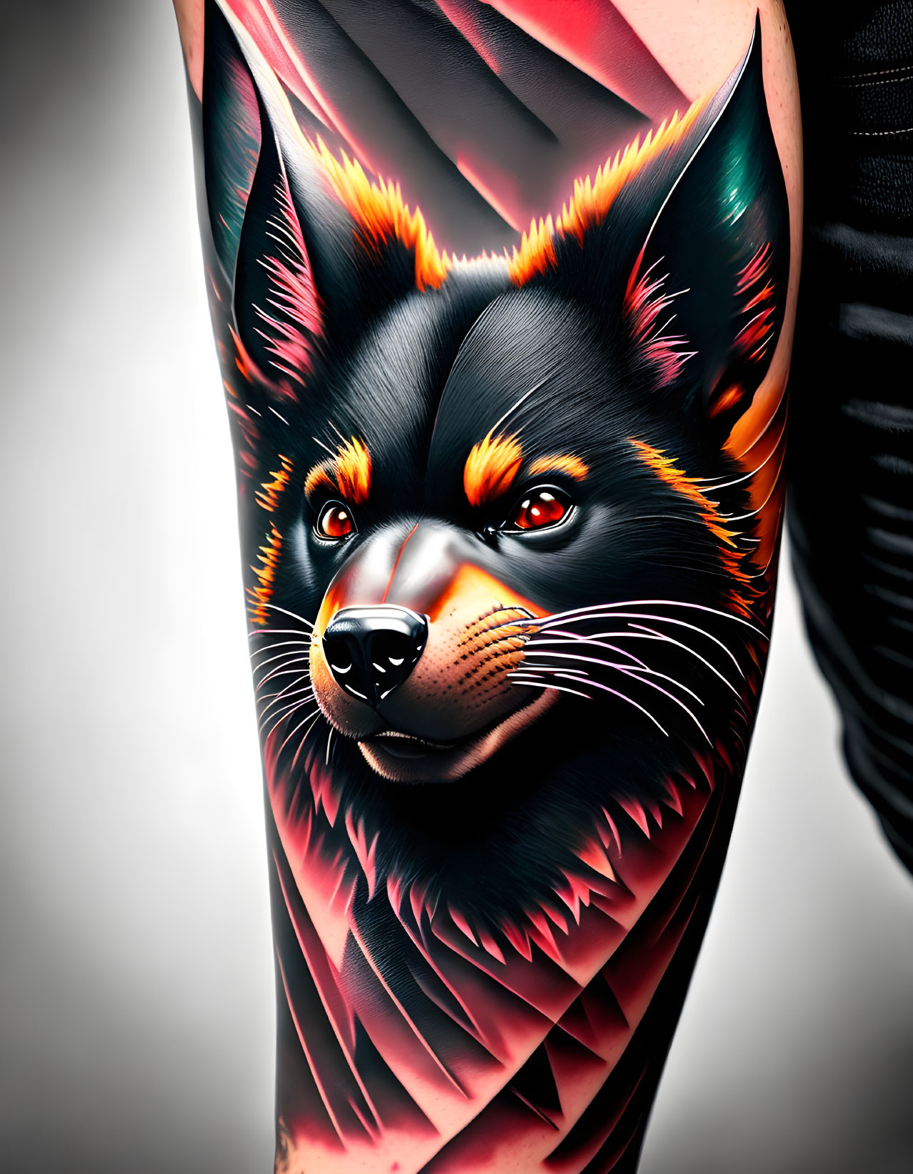 Colorful Stylized Black Fox Tattoo on Forearm