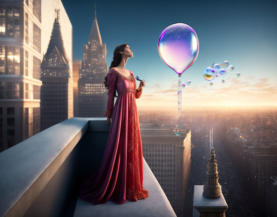 Woman in red dress admires oversized bubbles on high-rise ledge at sunset