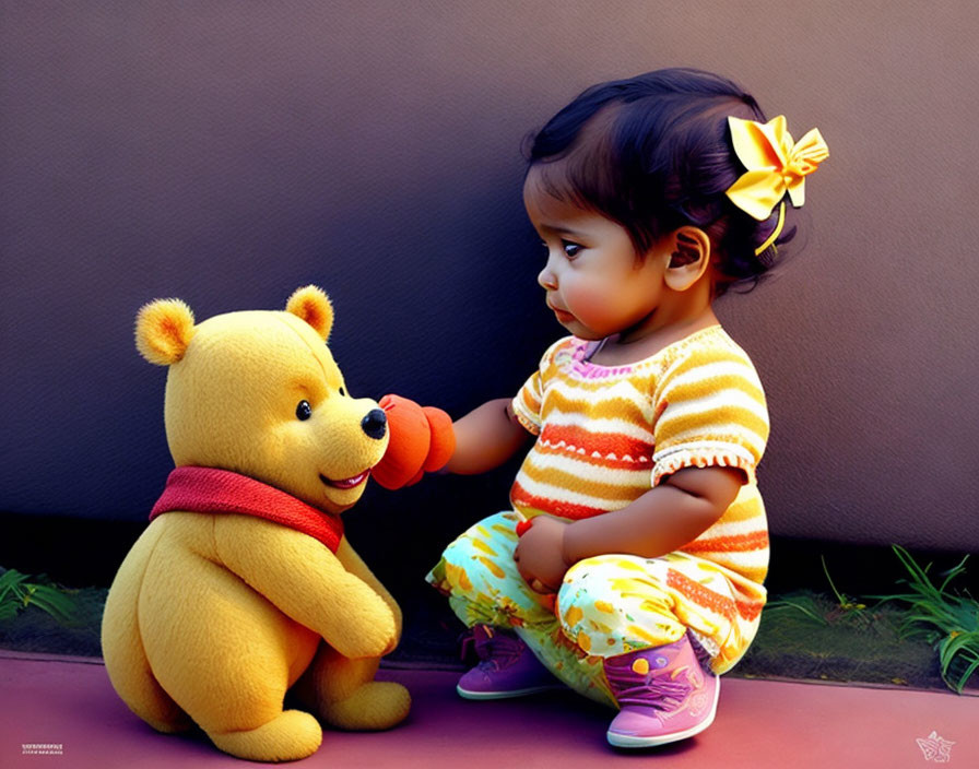 Child in striped outfit touching noses with Winnie the Pooh illustration on purple background