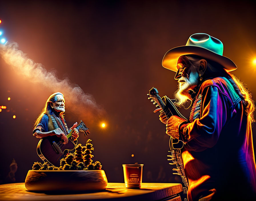 Elderly guitarist miniature under colorful stage lights