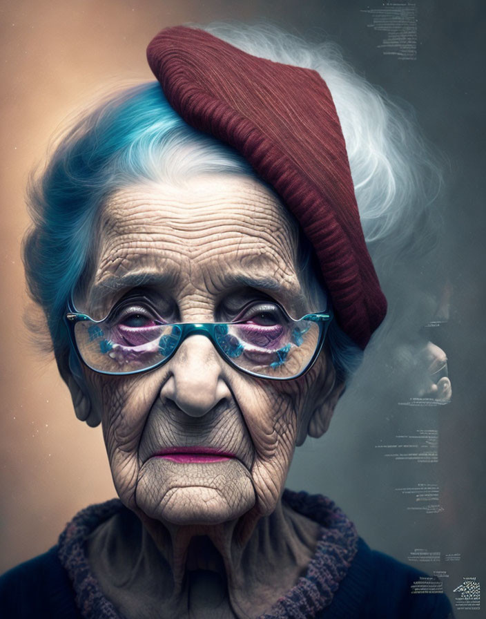 Elderly woman with blue-tinted glasses and red beret, showcasing deep wrinkles and poignant