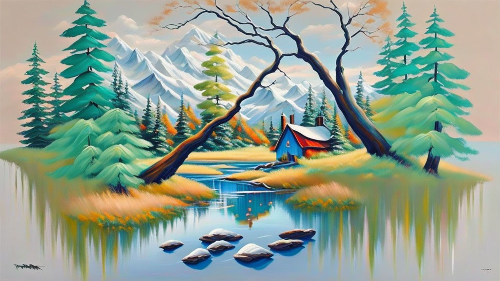 Serene landscape painting with red-roofed cabin by lake