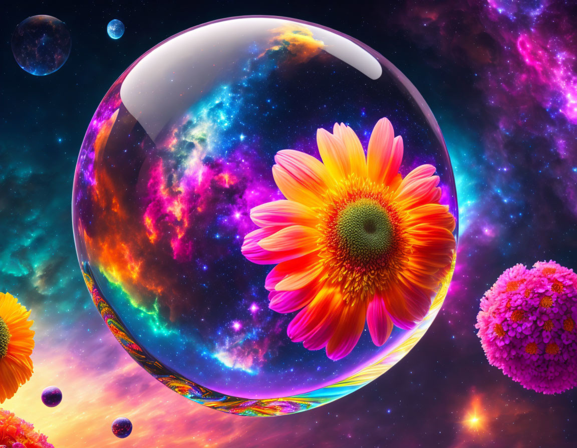 Surreal image: Large bubble reflecting space, orange flower, cosmic backdrop