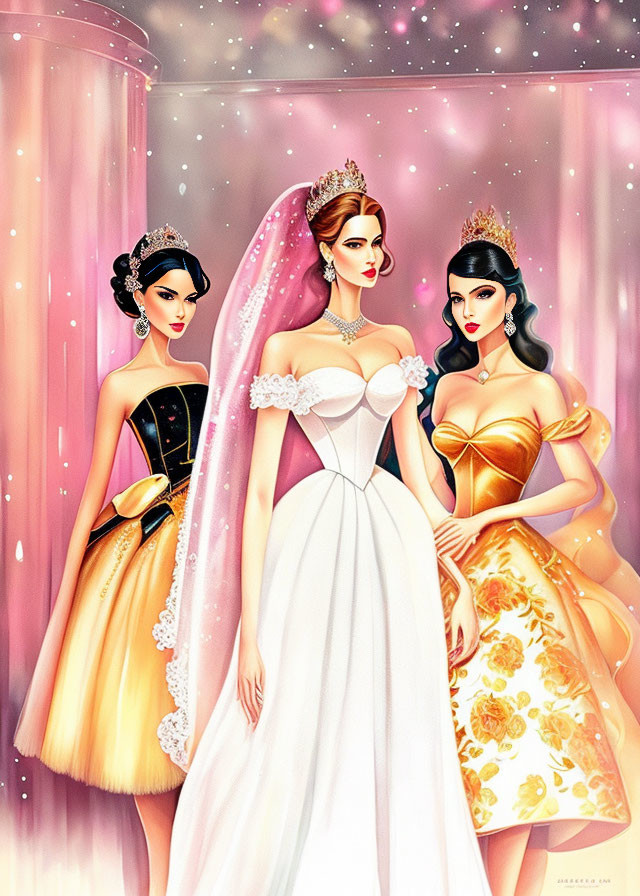 Three women in luxurious gowns and crowns on pink sparkly backdrop