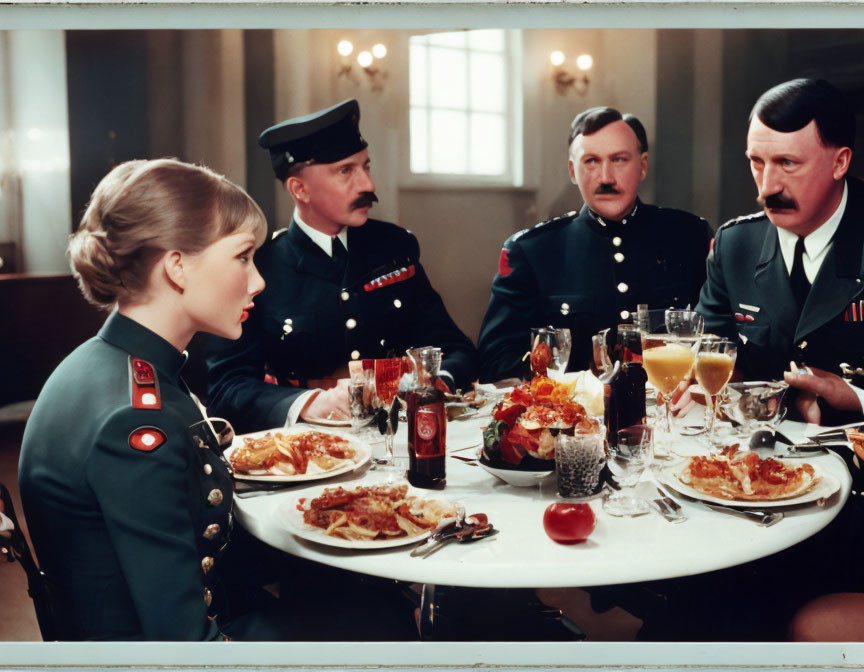 Woman in green military uniform dining with three men in black uniforms