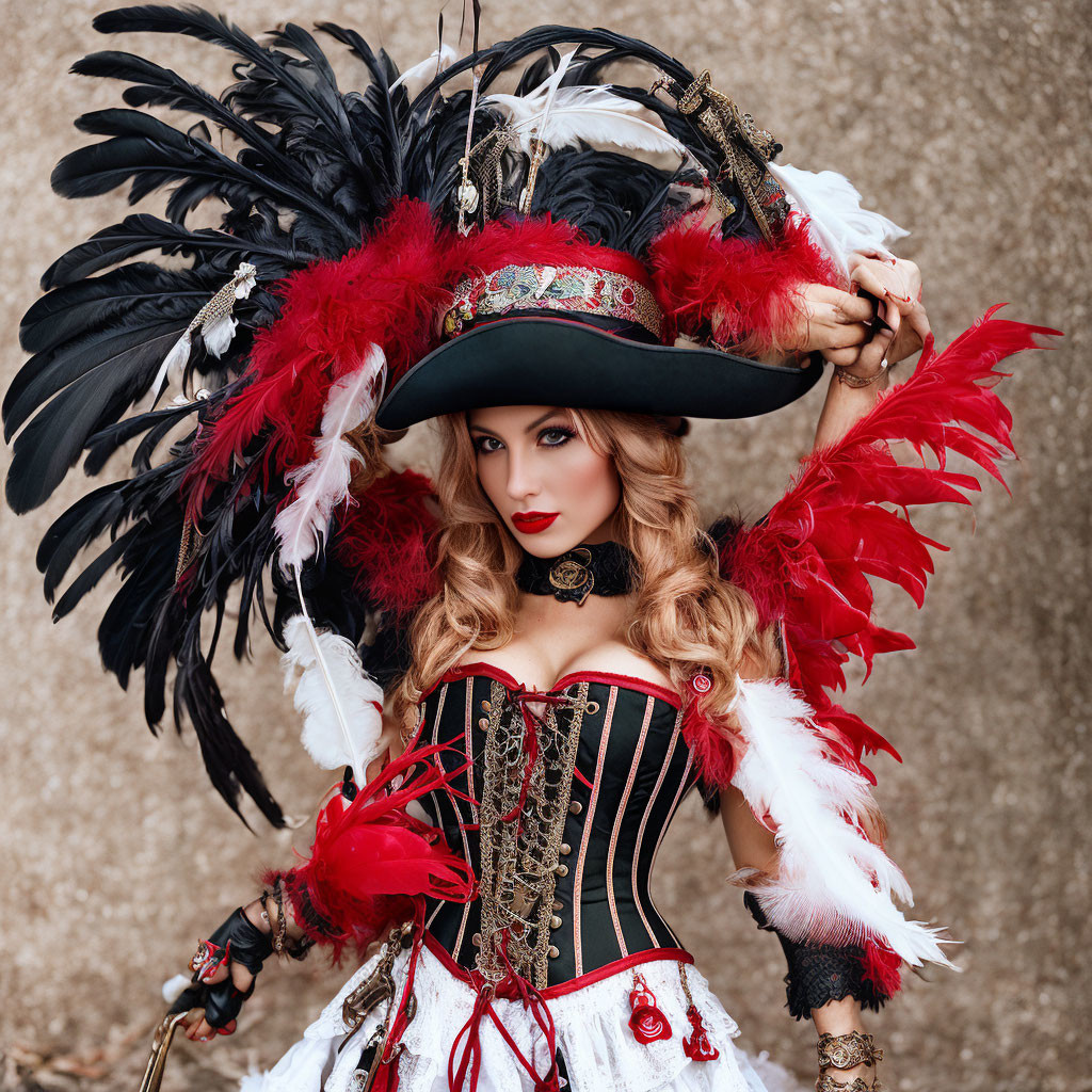 Elaborate Costume with Black and Red Feathered Hat and Jewelry