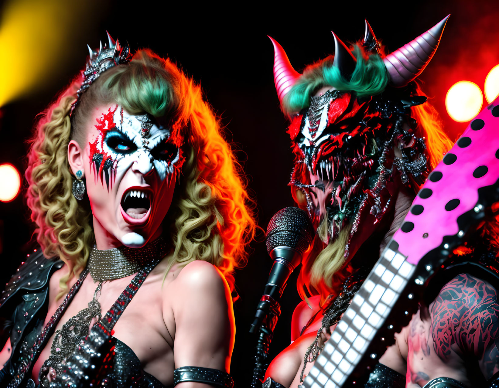 Intense stage performance with individuals in demonic rock attire.